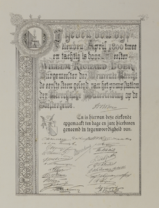 32817 Oorkonde met de handtekeningen van de deelnemers aan het diner gegeven ter gelegenheid van de eerste steenlegging ...